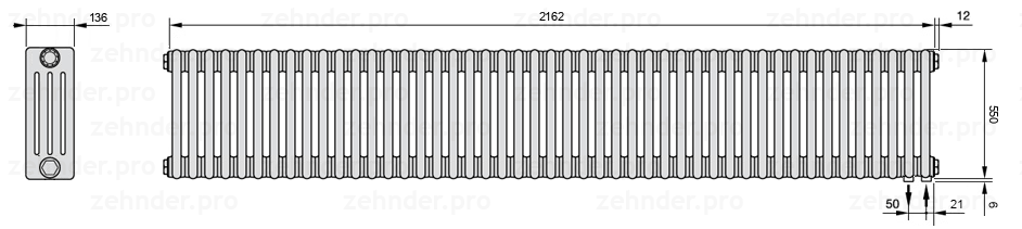 Схема (чертеж) Радиатор Zehnder Charleston 4055/47 №5510 Белый глянцевый RAL 9016